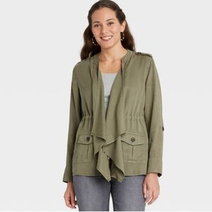 Knox Rose Drapey Roll Tab Sleeve Cinch Tie Waist Cargo Utility Jacket Size Large